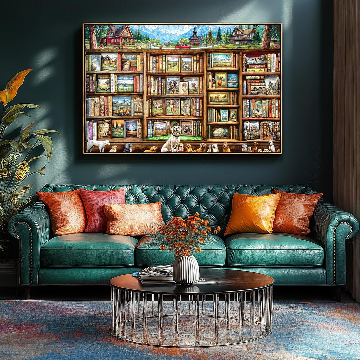 Blueforest - Dog Puzzles For Adults 1000 Pieces, Challenging Colorful Dogs Bookshelf Landscape Family Puzzle Difficult Animal Ji