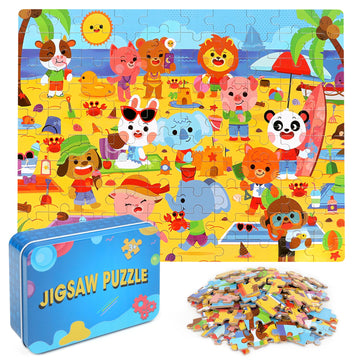 Lelemon Beach Animal Jigsaw Puzzles In A Metal Box 100 Pieces Beach Animal Party Jigsaw Puzzle For Kids Ages 4-8 Children Learni