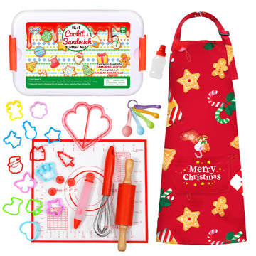 Carolart Baking Sets for Kids with Apron, Kids Cookie Cutter Set with 14 Assorted Cookie Cutters and 1 Sandwich Cutter, Kids Coo