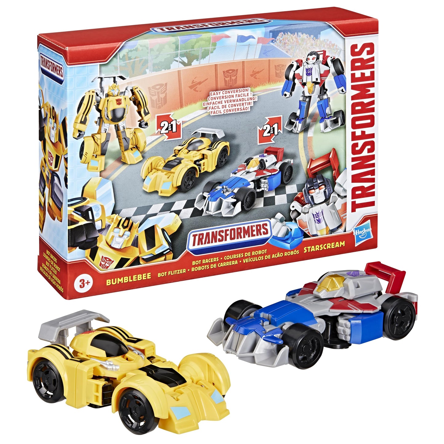 TRANSFORMERS Bumblebee and Starscream Bot Racers  Easy to Change from Robot Toys to Car Toys  Action Figures for Boys and Girls 3+