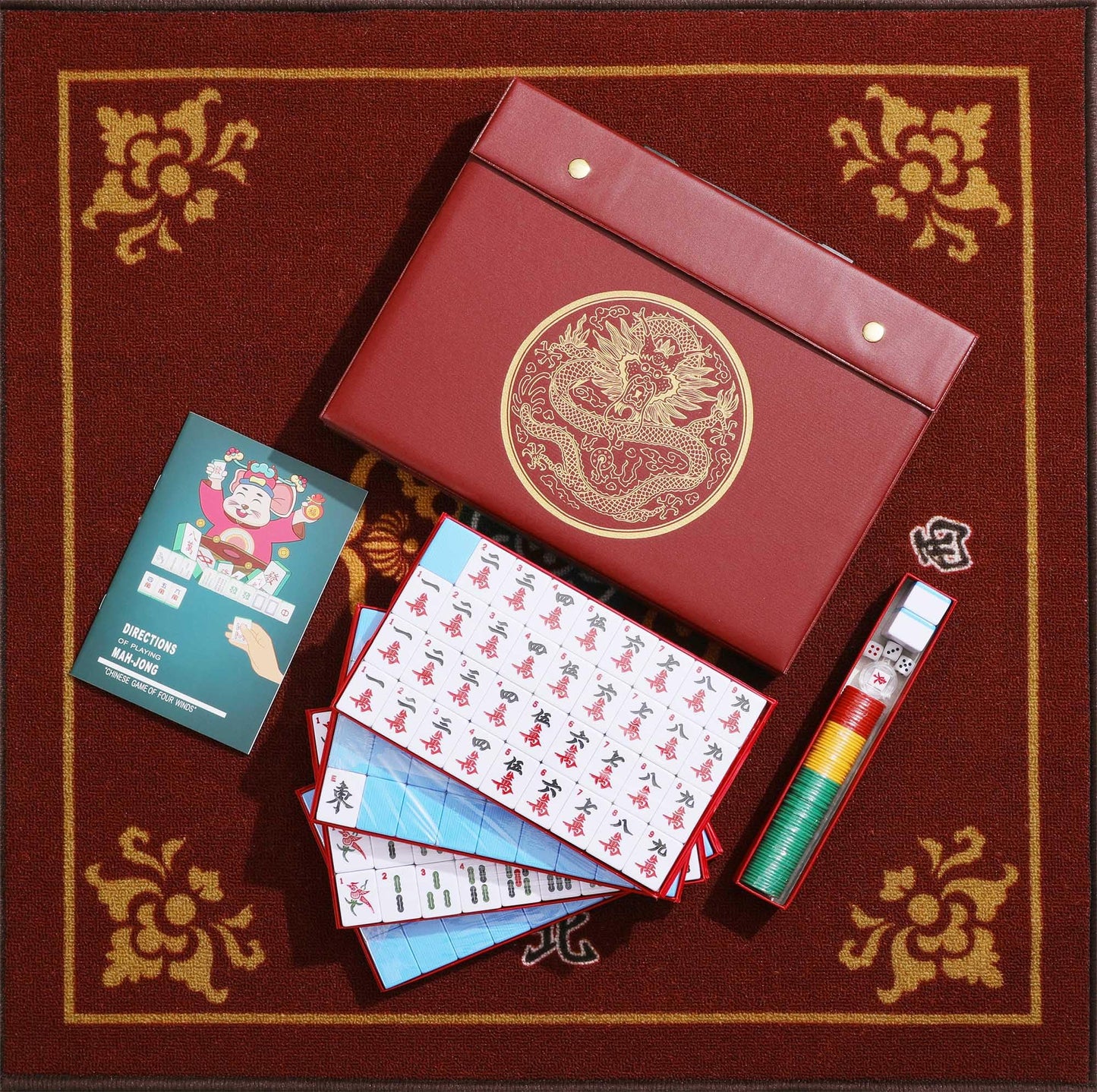 Mose Cafolo Mahjong Game Set - X-Large 1.5" White Blue Melamine Tiles with Travel Case