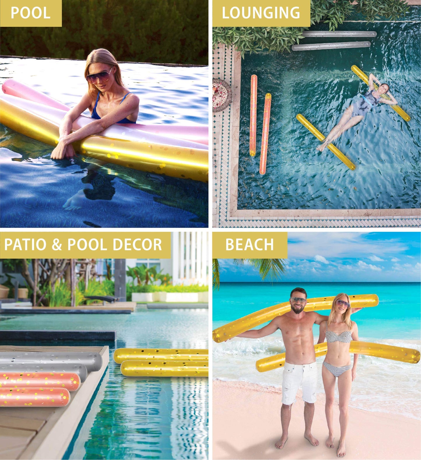 POZA 2 Pack of Inflatable Jumbo Pool Noodles - 74-Inch enhanced and elegant Giant Inflatable Sparkly Gold Glitter Confetti Pool Float Swim Noodles  Inflatable Noodles for Ocean  Lake and Pool - Gold