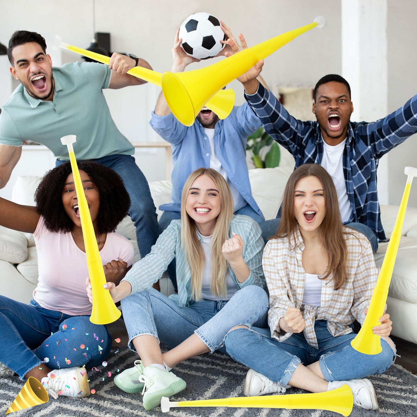 Cagemoga 6 Pieces Collapsible Stadium Horn 24 Inch Plastic Trumpet Horn Stadium Horn Noise Maker For Sporting Events Sports Themed Party Supplies (Yellow)