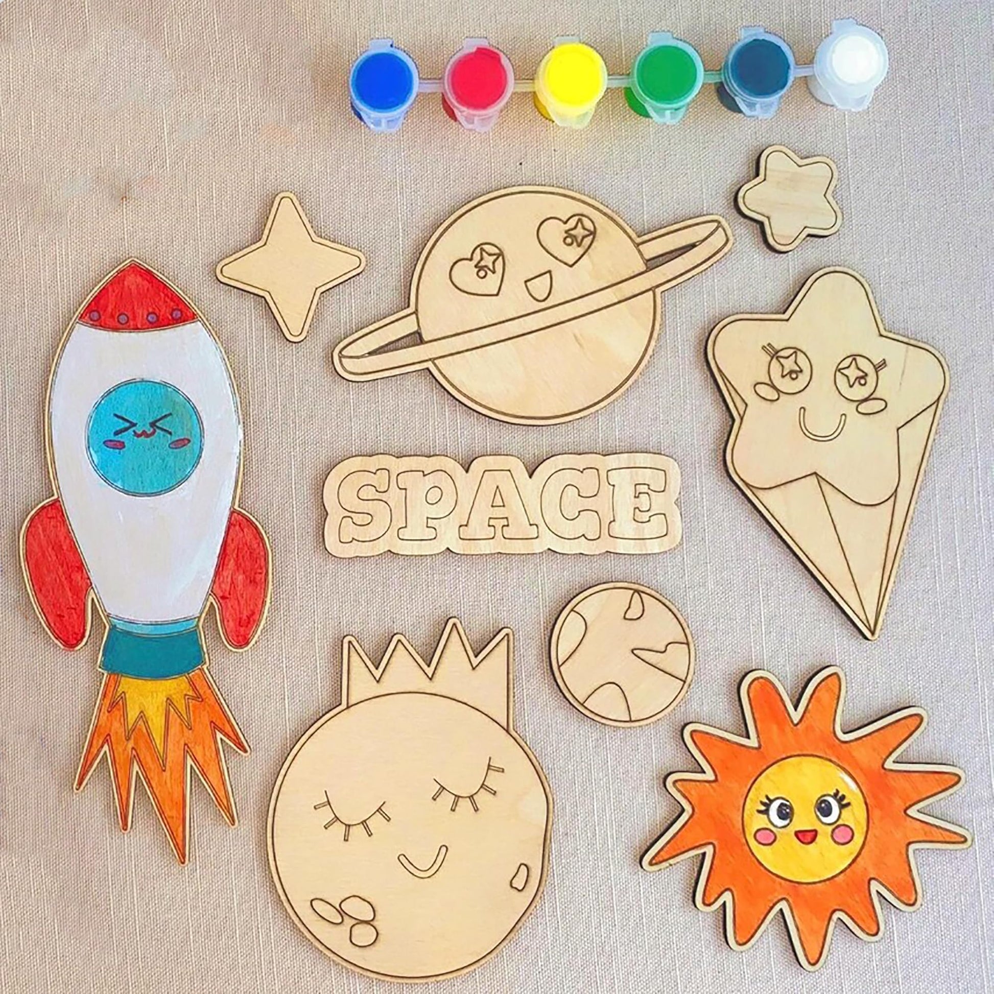 Cliths Wooden Space Painting Kit For Kids  Set Of 9 Pine Mdf Cutouts Diy Craft Kit With Rocket, Moon, Stars, Planets 7.5 X 3.1 