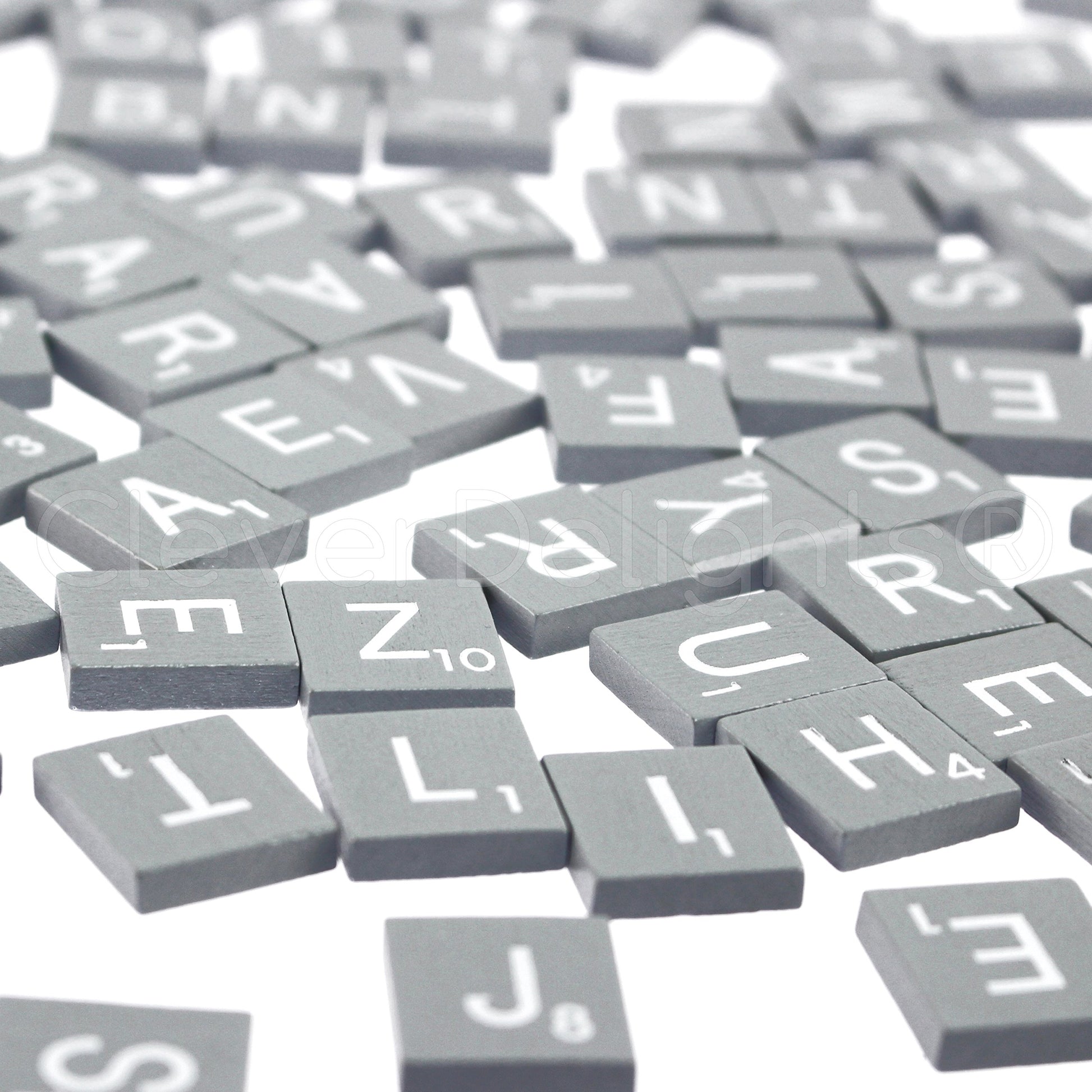 Cleverdelights 100 Wood Letter Tiles - Gray Color - Complete Set - Game Replacement Pieces