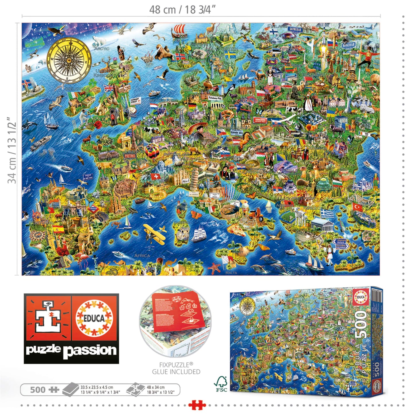 Educa 17962  Crazy  500 Piece Puzzle for mature-themeds and Children from 10 Years  Map  Europe  Multicoloured