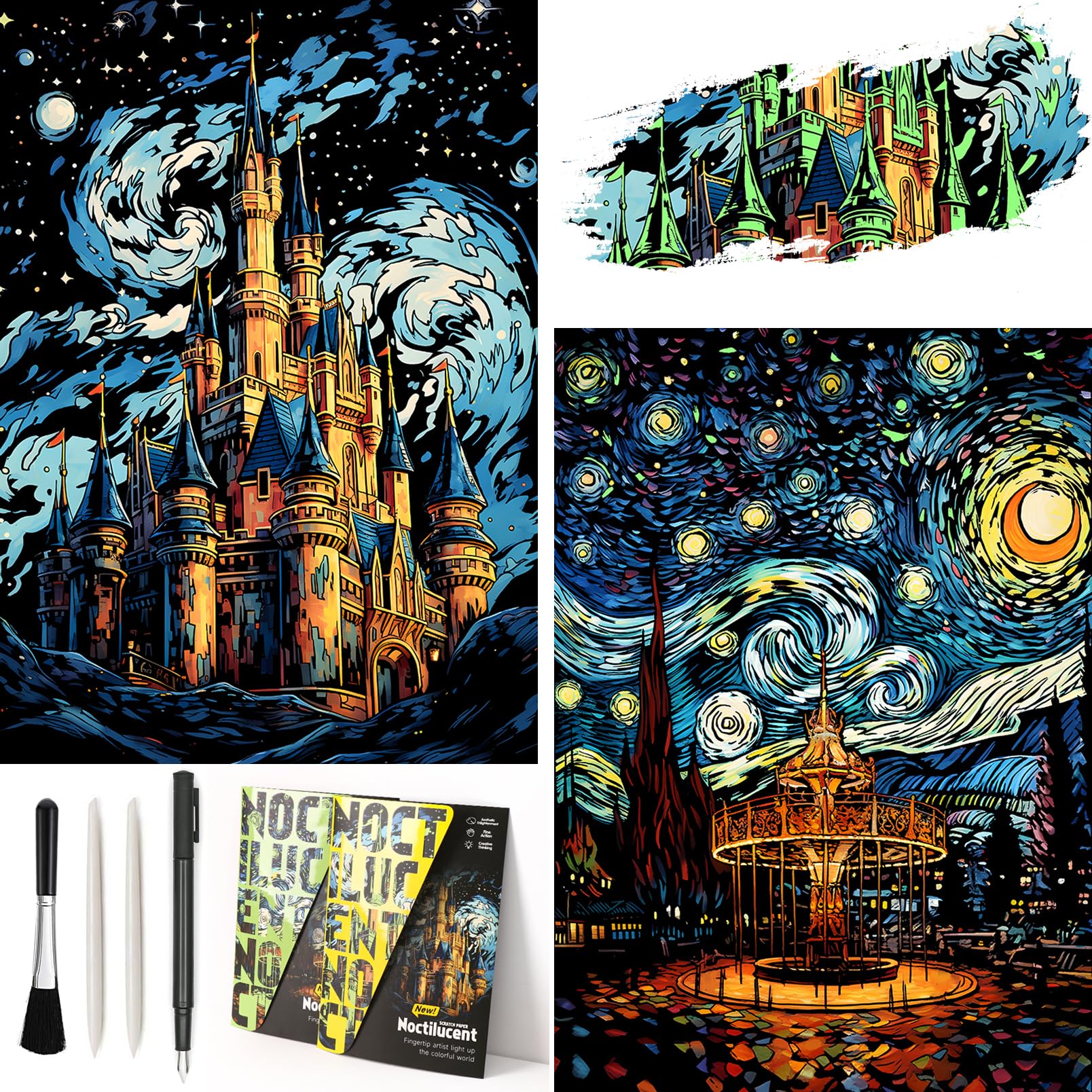 2 Pack Night Glow Scratch Art Rainbow Painting Paper, Magic Glow-in-the-Dark Scraping, Van Gogh Style Creative Craft Set, Fun DI