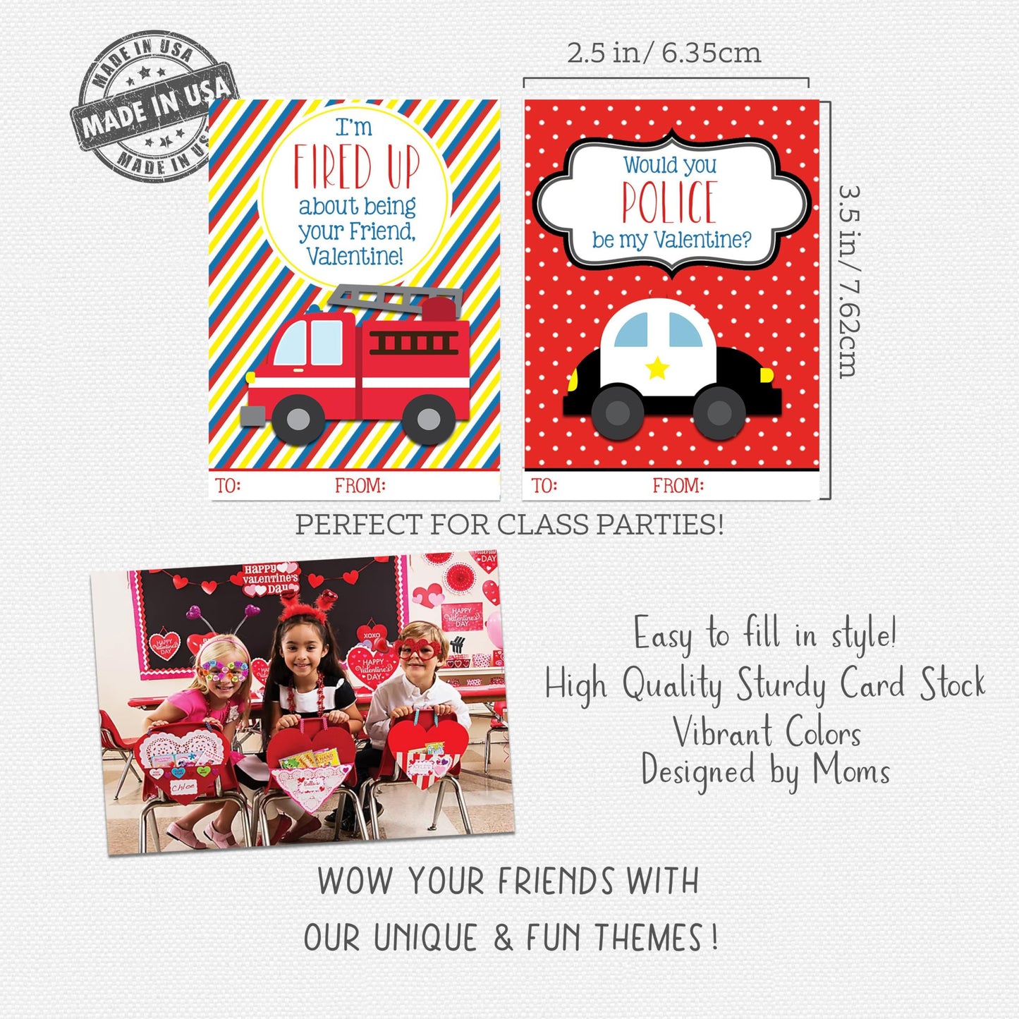 Silly Goose Gifts Emergency Vehicle Valentine Classroom Cards - Set of 25, Red, Police, Ambulance, Firefighter, Fire Truck