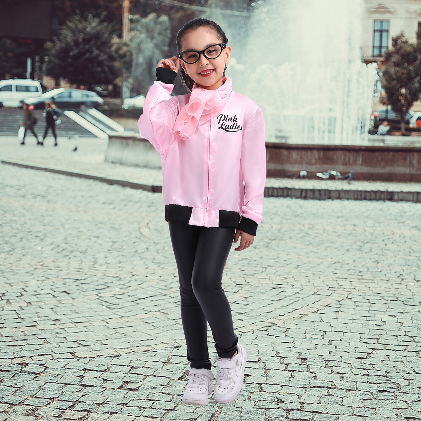 Rabtero Kids 1950S Costumes, Girls 50S Outfit Grease Costume, Pink Ladies Costume For Girls, Pink Ladies Satin Jacket With Pants, Glasses, Earrings And Scarf, Size 6-8