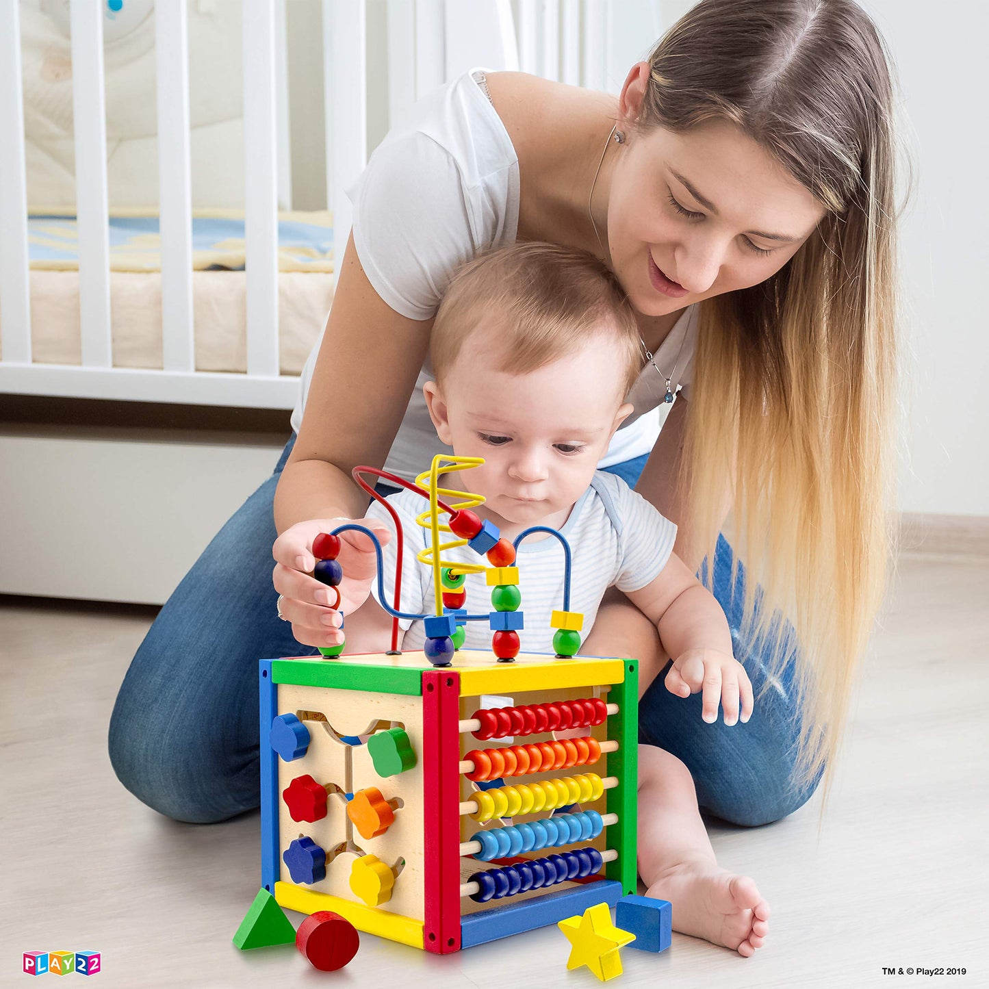 Play22 Wooden Activity Play Cube 6-in-1 for Baby, Removable Bead Maze, Shape Sorter, Abacus, Stacking Cups, Multicolor, Model 6013