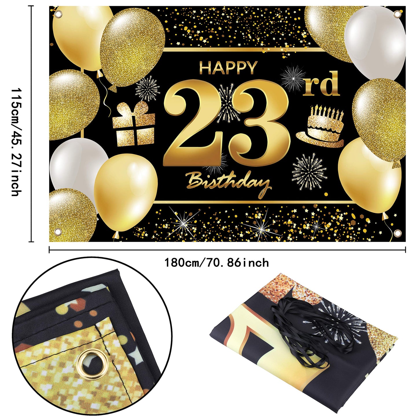 IMISI 23rd Birthday Banner - Black Polyester Decorations for Men, Happy Birthday Backdrop, 23-inch Size