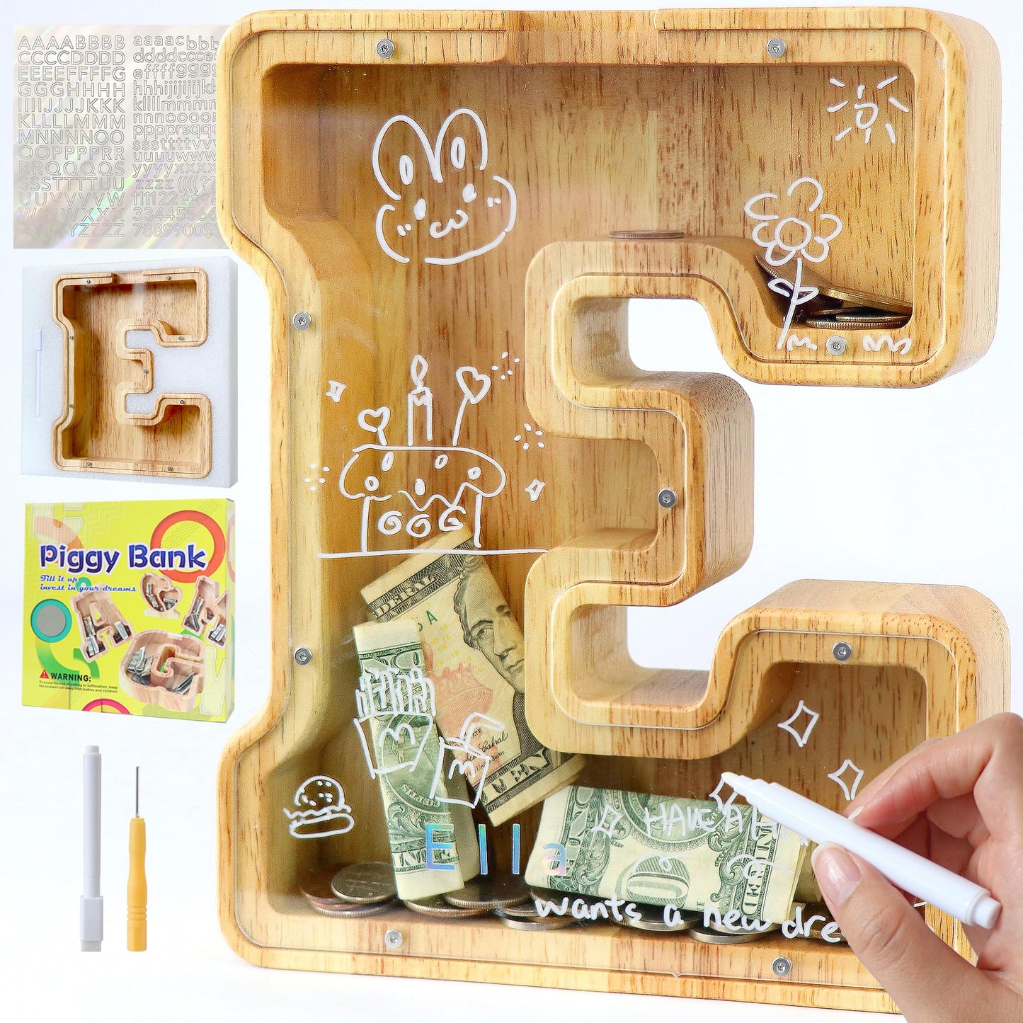weallbuy Large Letter Piggy Bank for Kids Boys Girls Wooden Personalized Piggy Banks A-Z with Target Area Clear Alphabet Banknote Coin Banks for Gift Decoration Baptism (E)