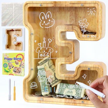 weallbuy Large Letter Piggy Bank for Kids Boys Girls Wooden Personalized Piggy Banks A-Z with Target Area Clear Alphabet Banknote Coin Banks for Gift Decoration Baptism (E)