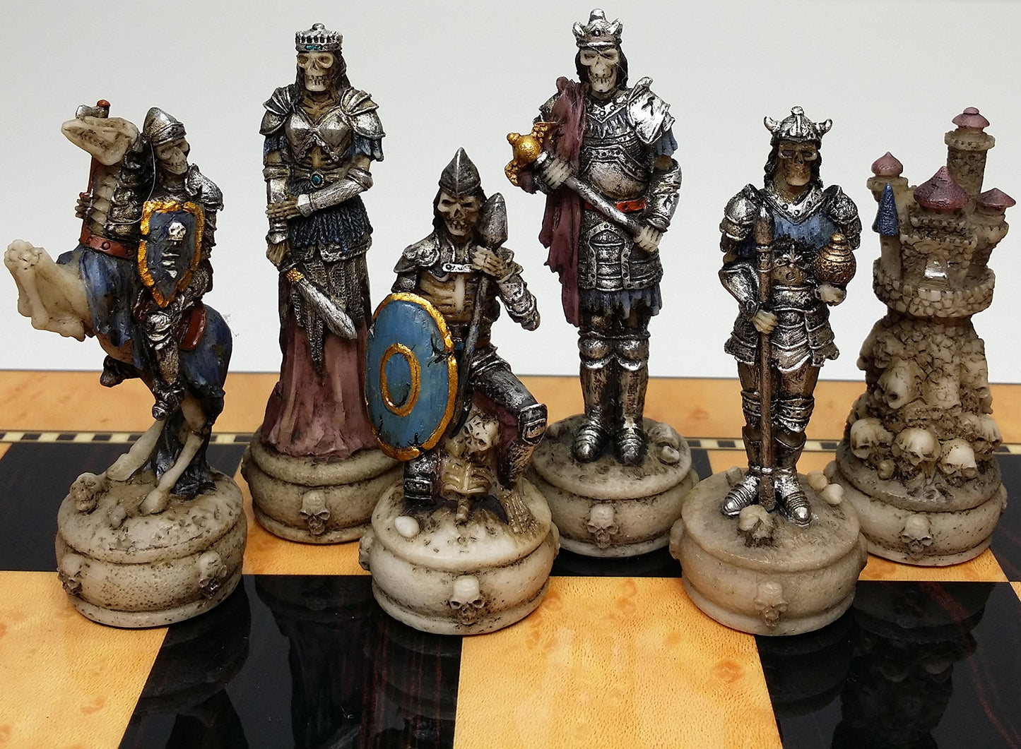 Skeleton Slayer Gothic Skull Chess Set W/High Gloss Dark Walnut & Birdseye Maple Color Board