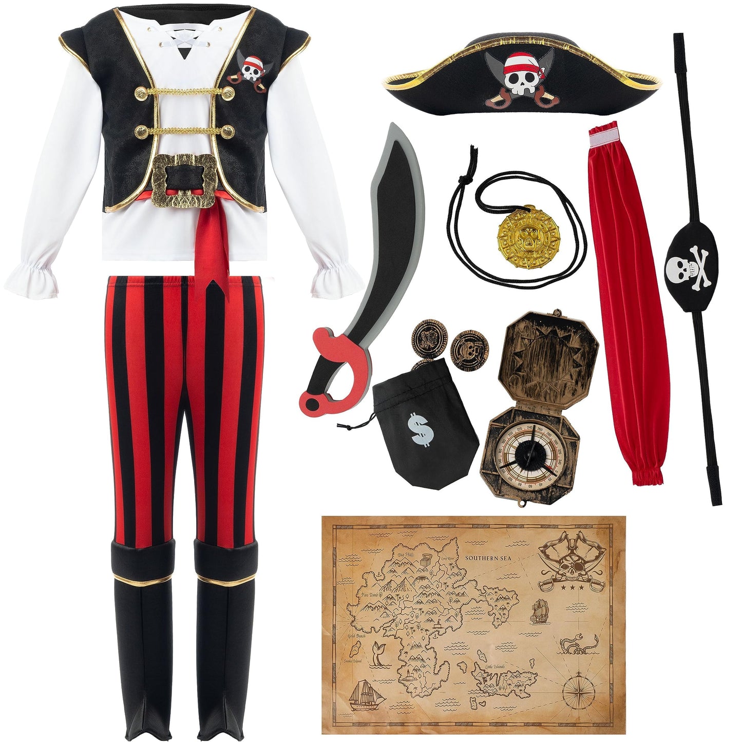 Spooktacular Creations Pirate Costume for Kids  Boys Classic Red Pirate Outfit Deluxe Set with Toy Accessories for Toddler Halloween Pretend Roleplay Themed Party (Large  10-12 yrs)