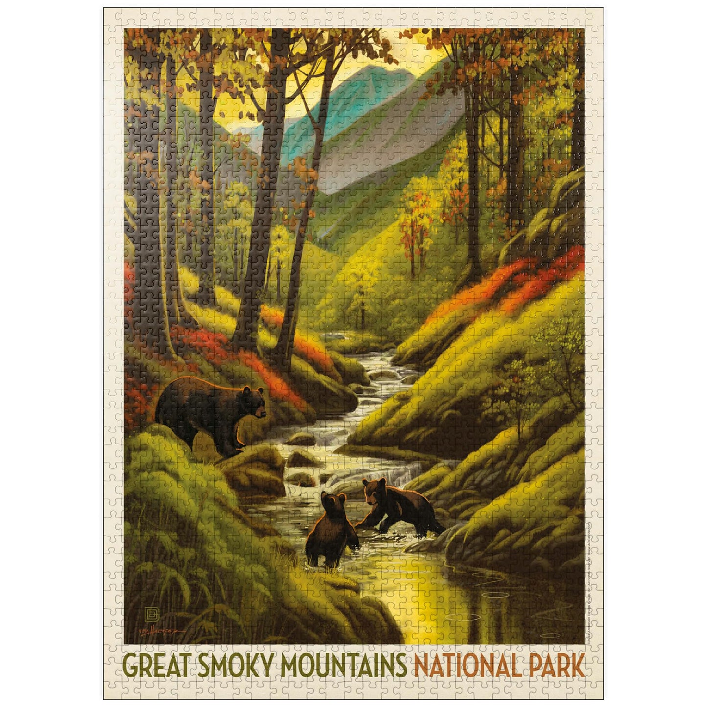 MyPuzzle Great Smoky Mountains National Park: Splashing Cubs  Vintage Poster - enhanced 1000 Piece Jigsaw Puzzle for mature-themeds