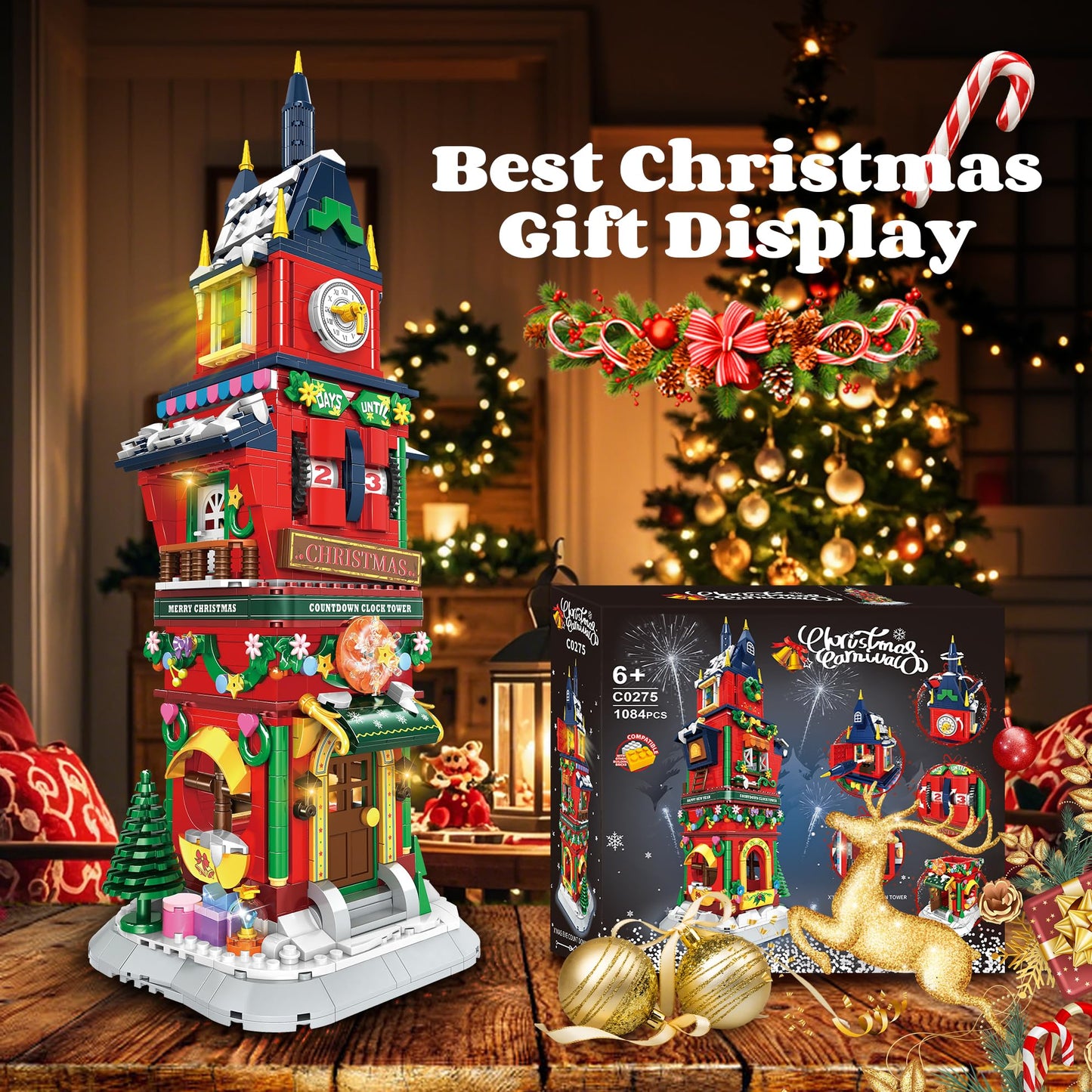 Christmas Countdown Tower House Building Toys - LED Light Christmas Village House Building Set with Countdown Clock  Festival Model Gift Idea for Kids 6+