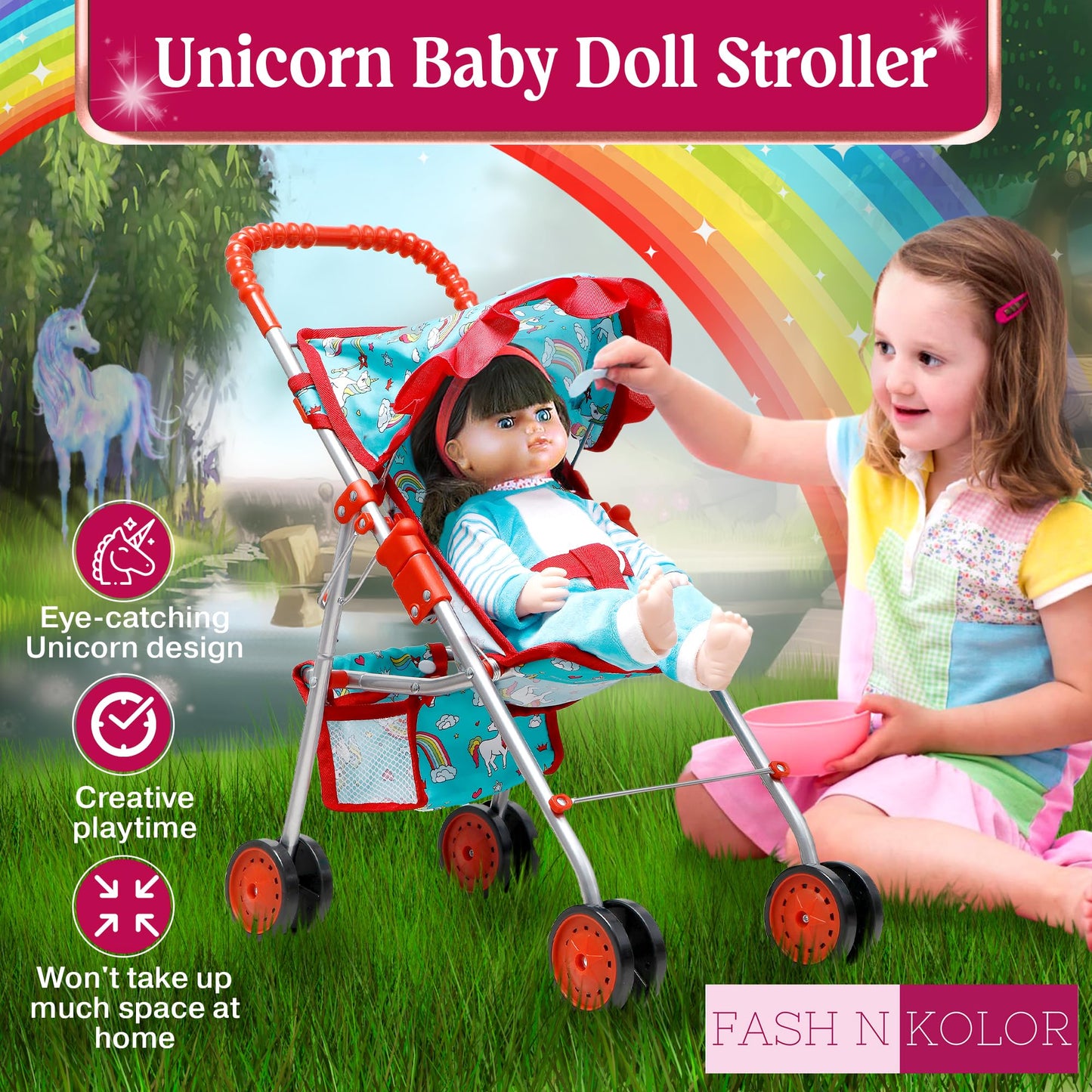 Fash N Kolor® Doll Stroller With Doll Feeding Bottles For Toddlers Boys, Girls, Little Kids - Toy Stroller With Bottom Storage Basket, Foldable Frame, Canopy, Seatbelt, Dolls Gift