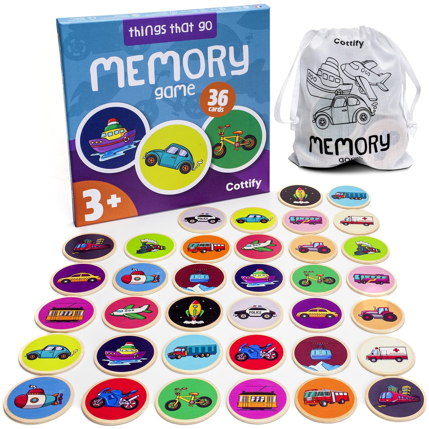 Montessori-Inspired Wooden Matching Game For Toddlers 2-4 Years - Things That Go - Durable, Scratch-Resistant 36 Card Set, Includes Carry Bag - Memory Game For Toddlers 2-4 Years - Means Of Transport