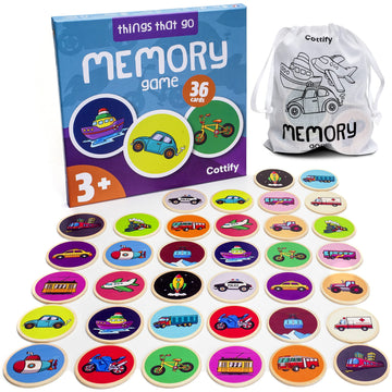 Montessori-Inspired Wooden Matching Game For Toddlers 2-4 Years - Things That Go - Durable, Scratch-Resistant 36 Card Set, Includes Carry Bag - Memory Game For Toddlers 2-4 Years - Means Of Transport