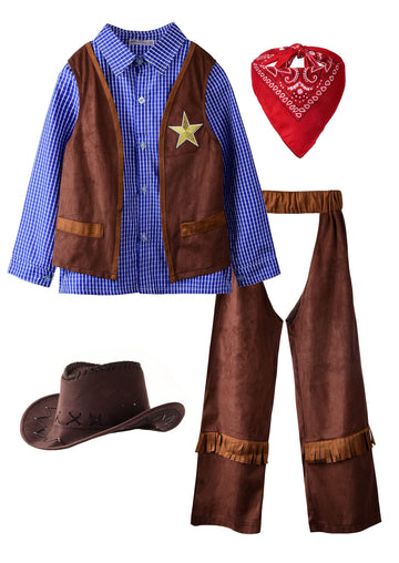 Relibeauty Kids Cowboy Costume For Boys Cosplay Costumes Birthday Party Christmas Halloween Dress Up Gift For Kids 5 Sets,Blue 6-7/130