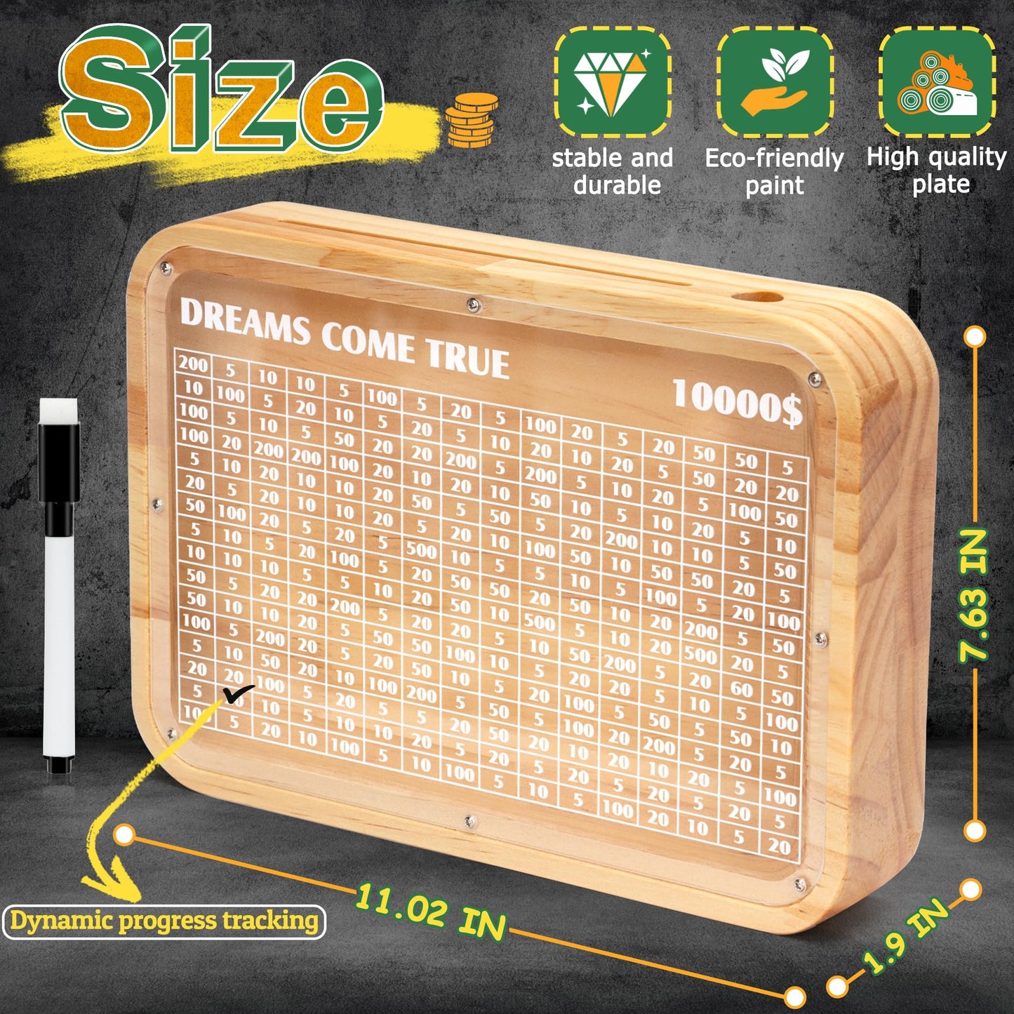 Wooden Money Saving Box With Cash Vault $10000 Piggy Bank For Kids Adults With Boys Counter Coin Challenge Bank For Girls (Target $10000)