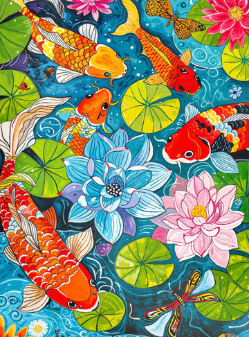 Cross & Glory 1000 Piece Jigsaw Puzzle - Dragonfly Dreams Koi & Lilies Adventure, Large Size, 1.8mm Thick Cardboard, Vibrant Art