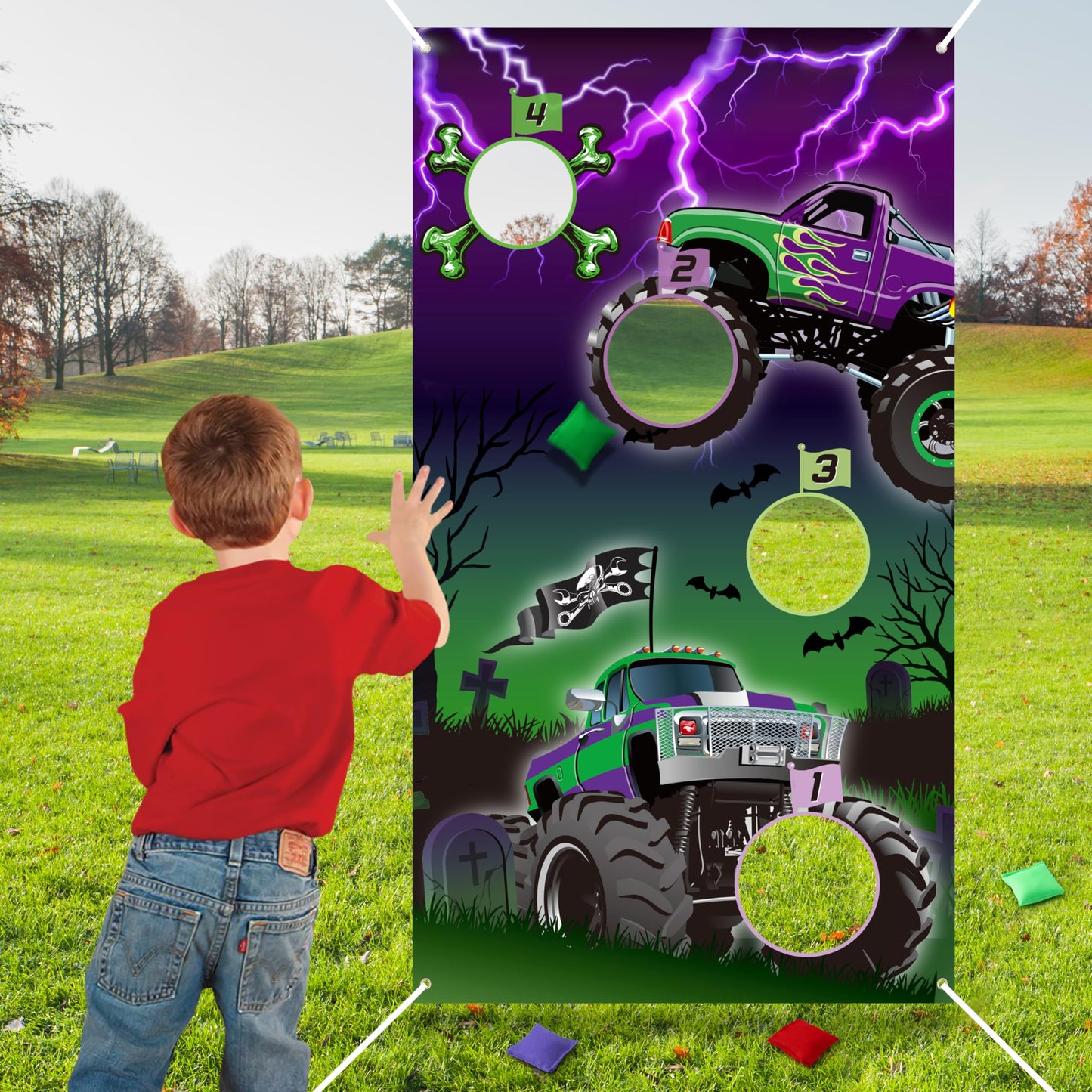 Haooryx Green and Purple Monster Truck Toss Game  Monster Truck Banner with Bean Bags 4 Score Holes Party Game Indoor Outdoor tossing Games for Kids Monster Truck Theme Birthday Party Supplies