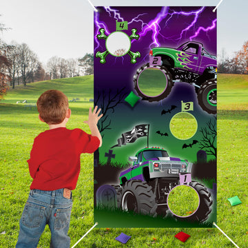 Haooryx Green and Purple Monster Truck Toss Game  Monster Truck Banner with Bean Bags 4 Score Holes Party Game Indoor Outdoor tossing Games for Kids Monster Truck Theme Birthday Party Supplies