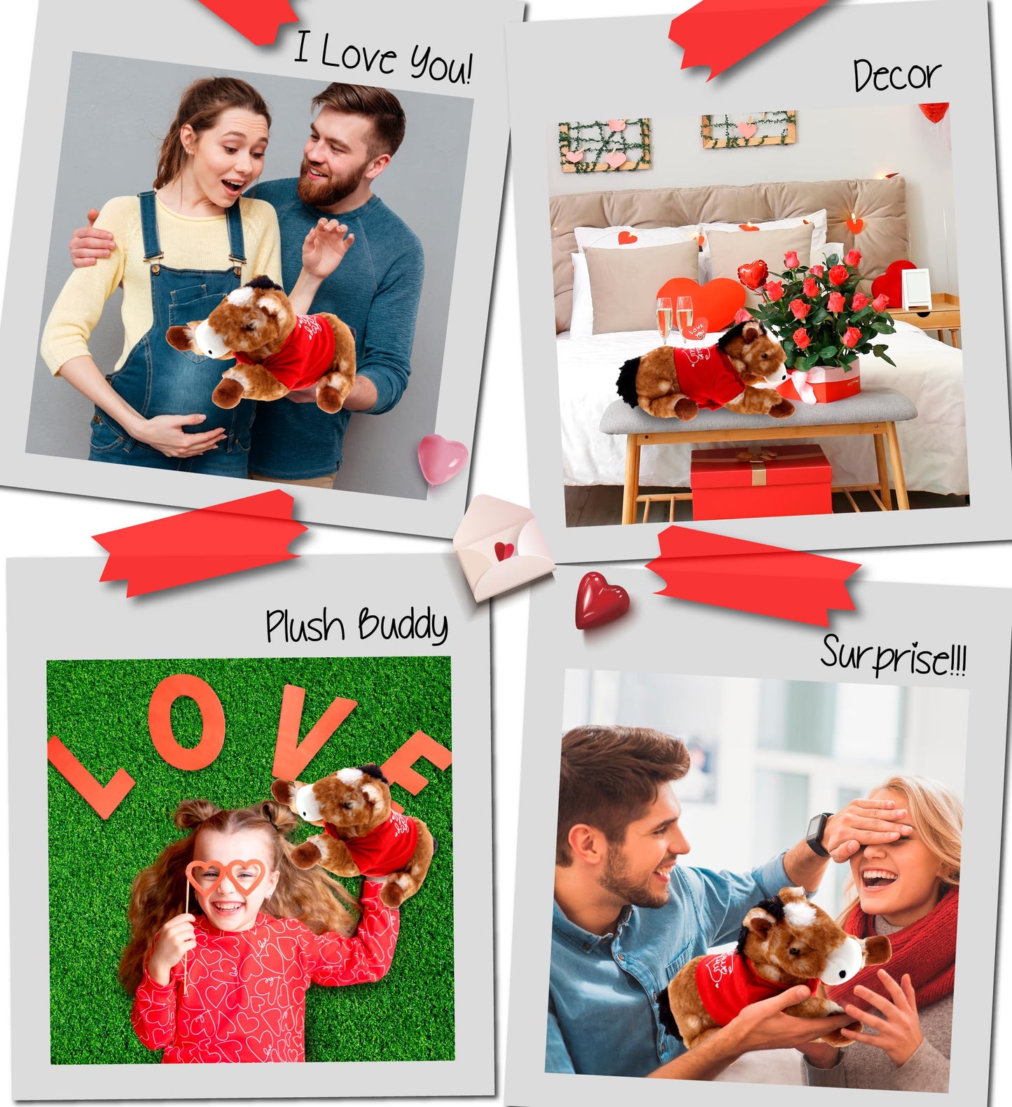 DolliBu I Love You Valentine Plush Lying Brown Horse - Cute Stuffed Animal with Red Shirt and Name Personalization Gift for Valentines Day  Birthday  Anniversary  Romantic Date - 10.5 Inches