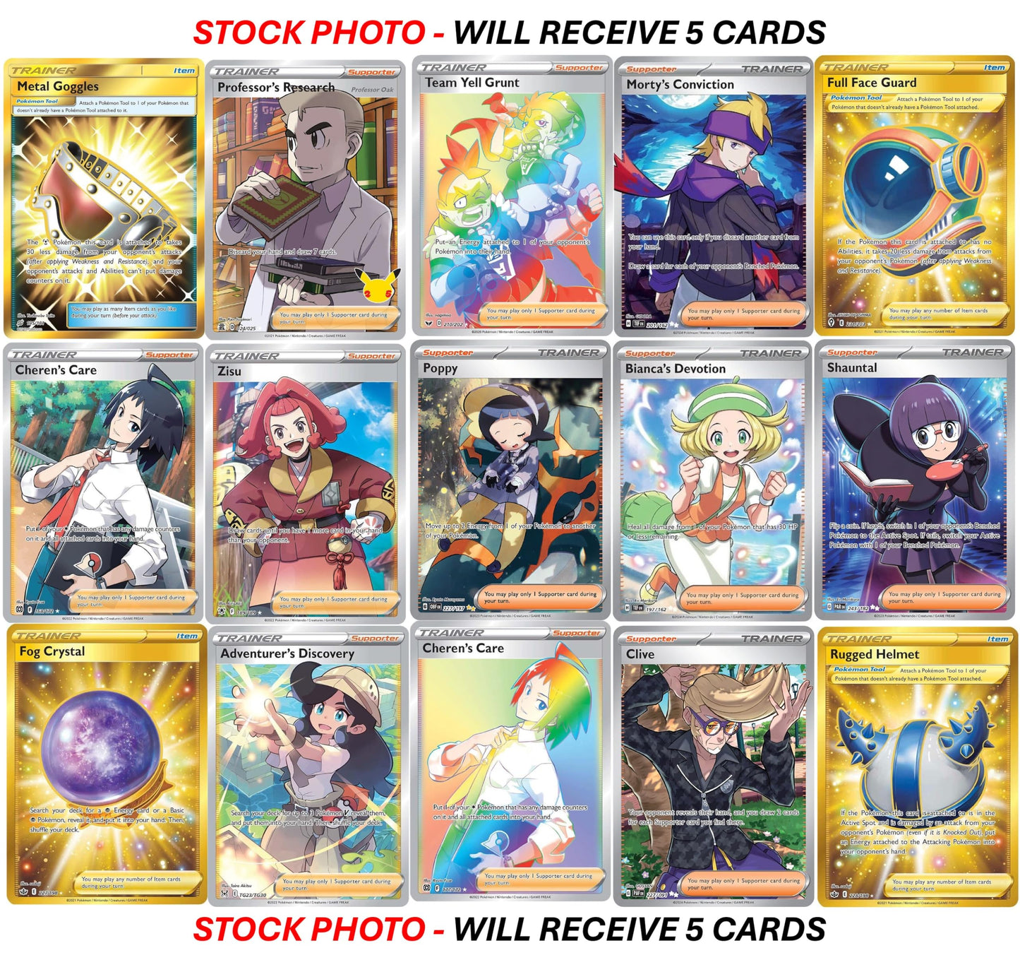 Pokemon 5 Full Art Trainer Card Lot - X1 Secret Rare  X4 Full Art Etched Cards - No Duplicates