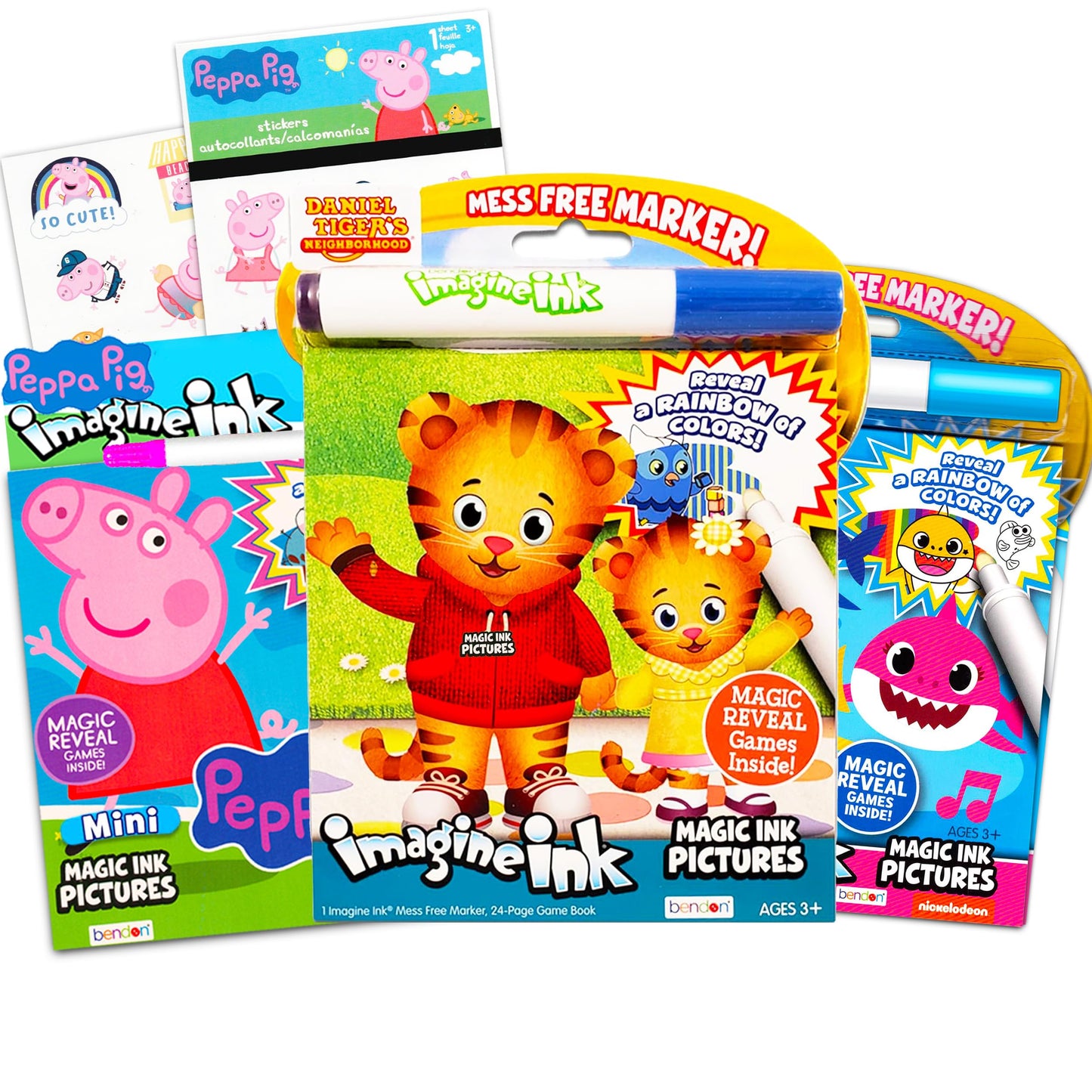 Daniel Tiger's Neighborhood Imagine Ink Coloring Book Bundle, 3 Pack, No Mess Magic Ink, Paper, Includes Peppa Pig Stickers