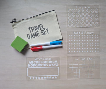 Travel Game Set For Kids - Reusable Dry Erase Games - Activity Bag - 4 Pack With Markers And Bag