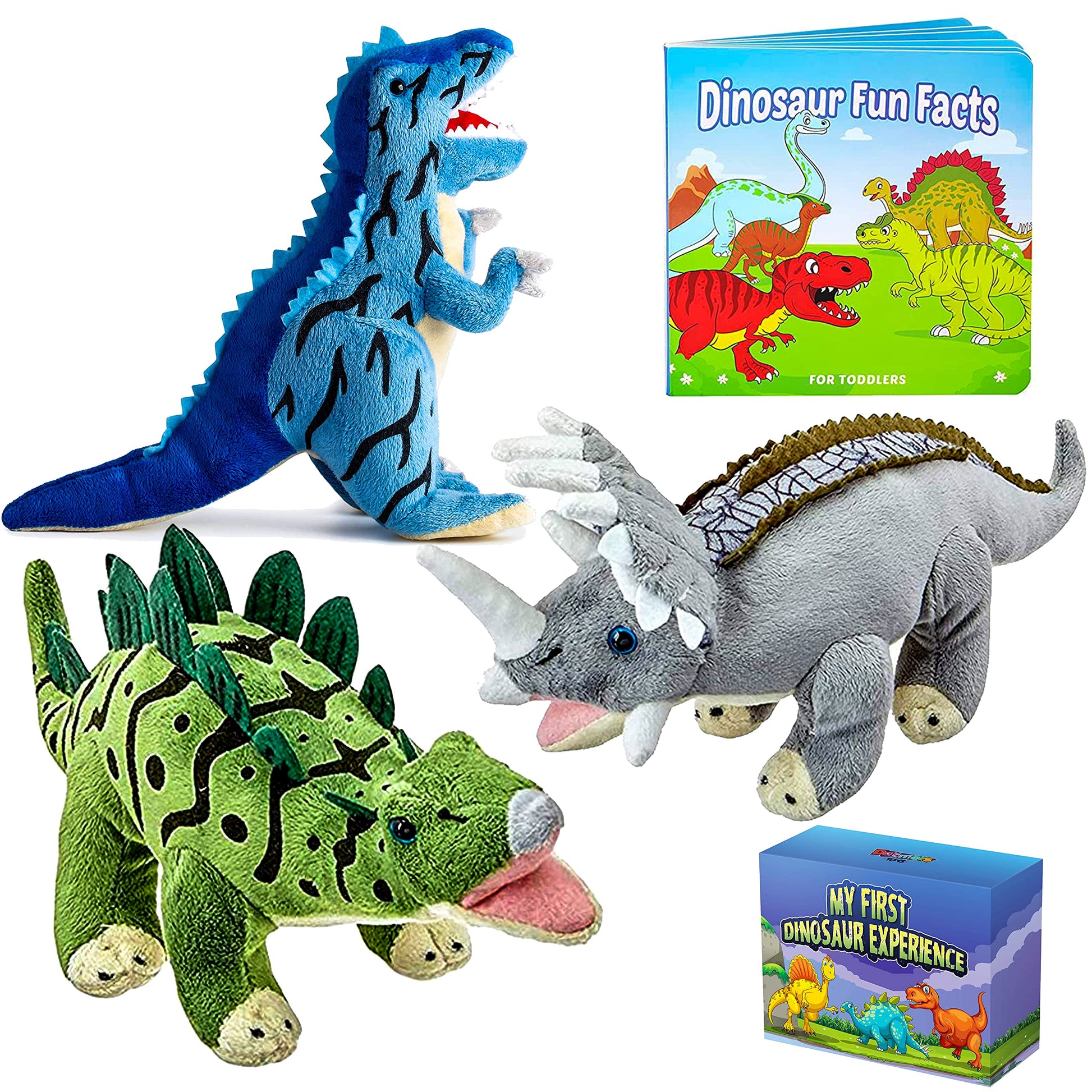 Dazmers Dino Stuffed Animals - 12 Inch Plush Toys with Board Book: Big Colorful Set for Toddlers Ages 1-3. Soft & Cuddly Dinosau