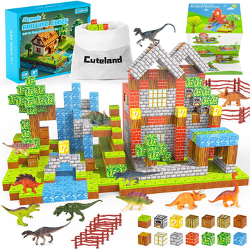 Cuteland Magnetic Blocks 216Pcs Magnetic Building Blocks Toys for Boys 6-8 with 12 Dinosaur Toys, Magnetic Toys for Boys & Girls