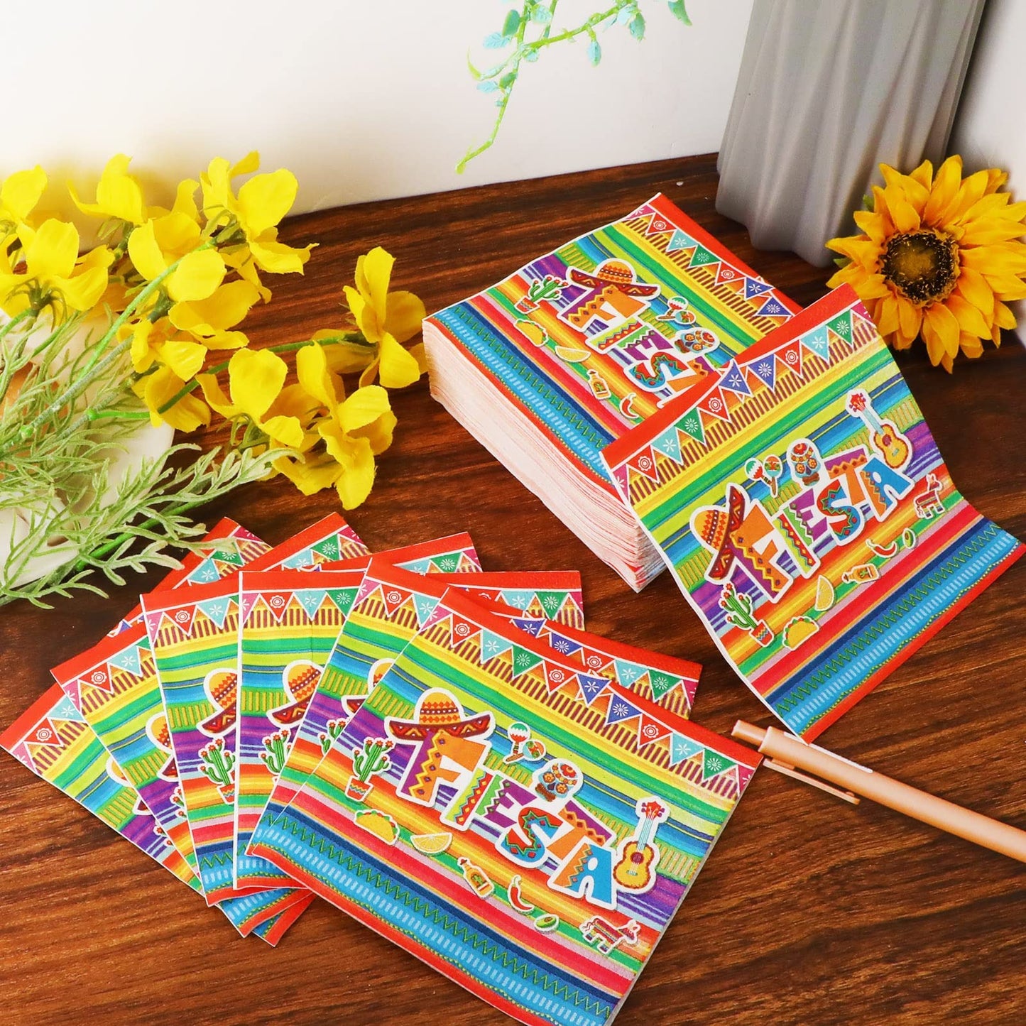 Fiesta Napkins For Cinco De Mayo Party Supplies Mexican Fiest Themed Luncheon Paper Napkins Disposable Stripes Flags Birthday Party Table Decorations (50 Pack)