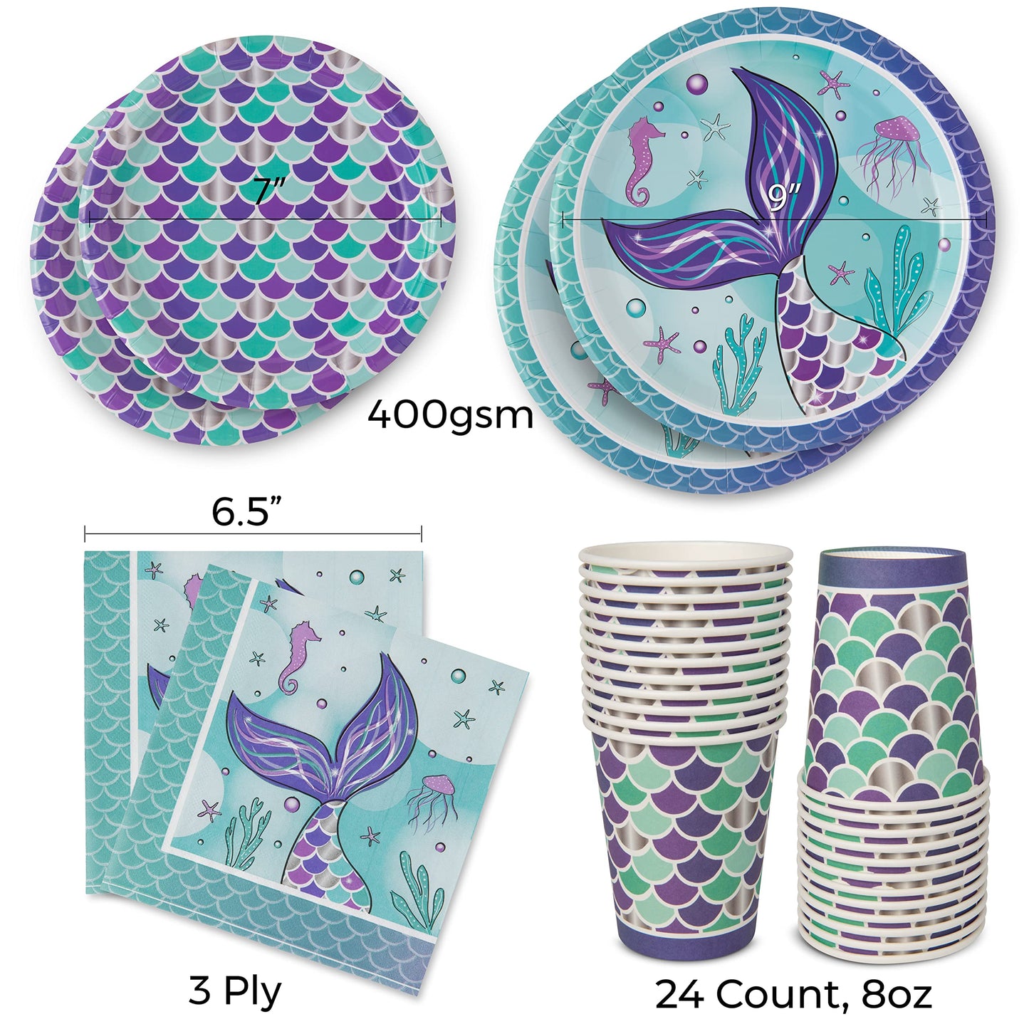 Royal Bluebonnet Mermaid Party Plates - 24 Sets Of Mermaid Plates And Napkins Party Supplies, Mermaid Paper Plates, Mermaid Birt