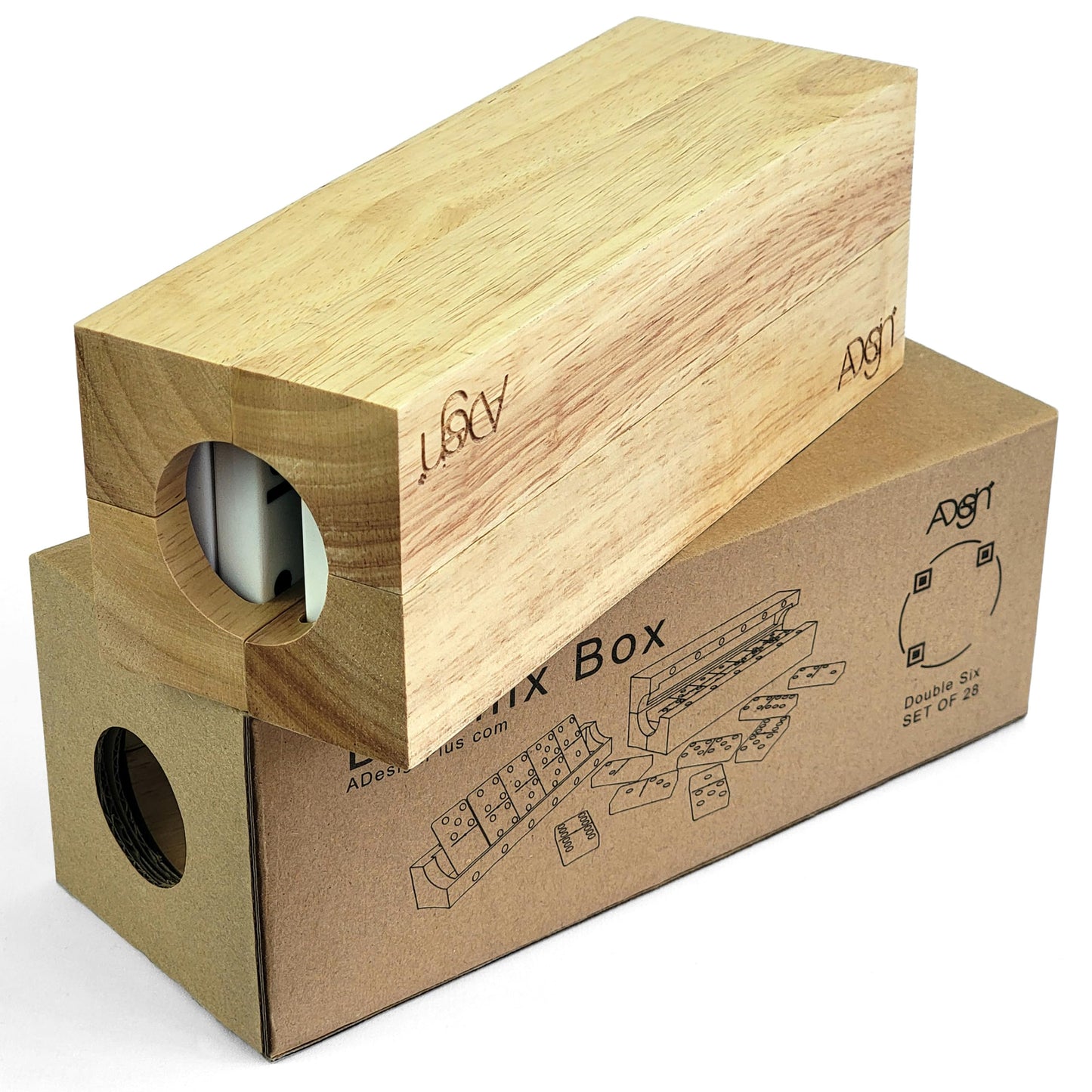 Domino Game Set Of 28 | Professional Double 6S | Multi-Use Box | Trays To Stand Tiles | By Adesign+ (Wood & Cardboard)