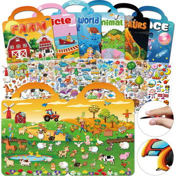 Kalysky 6-Set Puffy Sticker Books for Kids, 3D Reusable Stickers, Farm, Dinosaurs, Ocean, Space, Vehicle, Model TZS-922