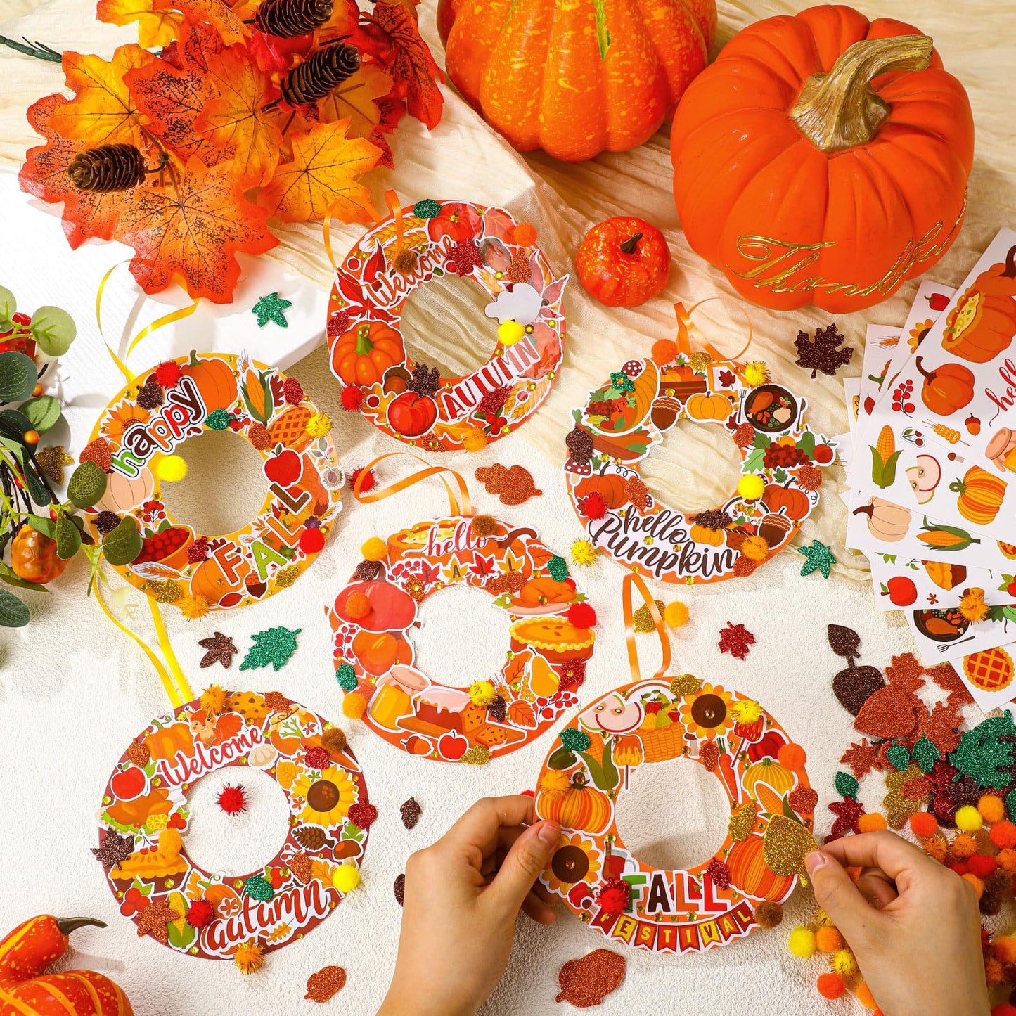 Hollowfly 48 Sets Autumn Wreath Craft Kits for Kids DIY Pumpkin Wreath Hanging Ornaments Make Your Own Paper Fall Craft with Sti