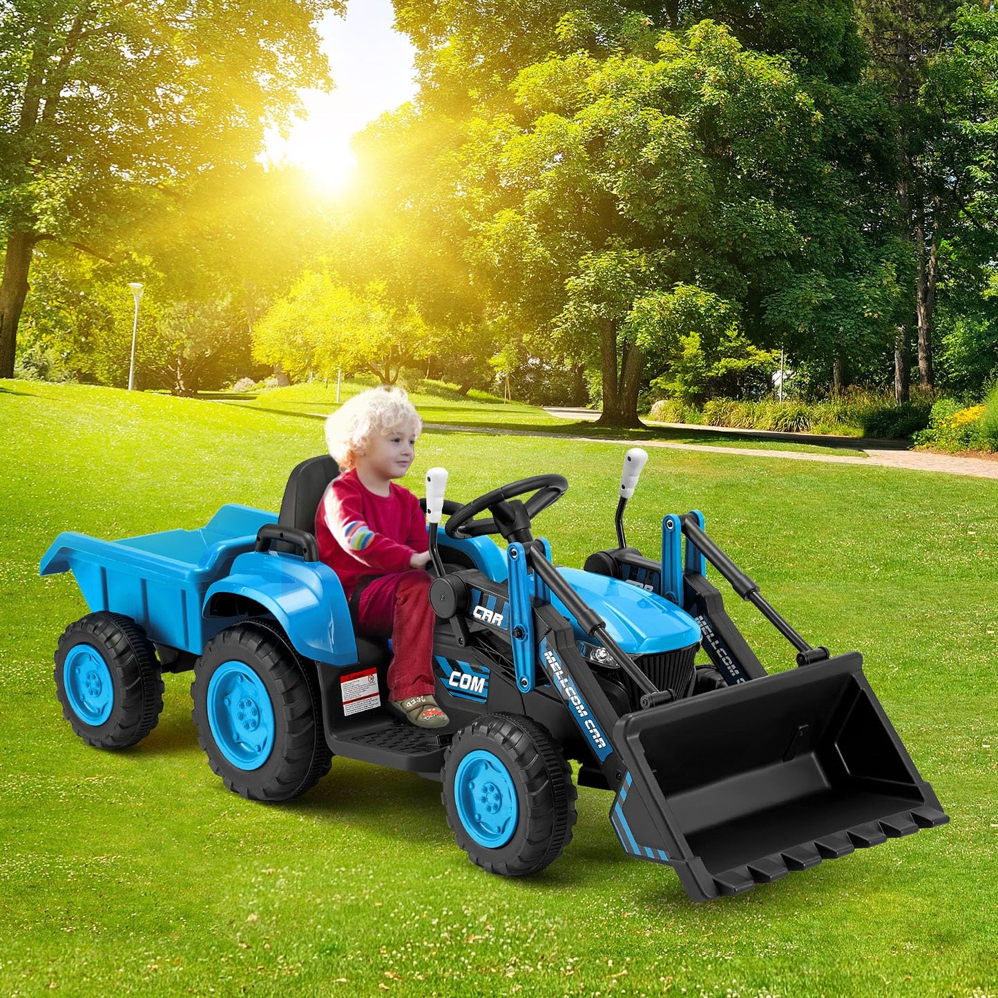 Mellcom Ride On Bulldozer With Detachable Trailer, 12V Kids Electric Vehicles Ride On Toy With Remote Control, Kids Car With Buc