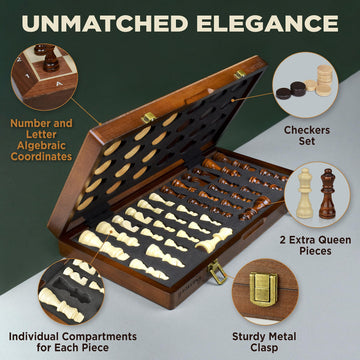 15-Inch Magnetic Chess Set - 2 In 1 Chess And Checkers Board Game For Adults And Kids - Tournament Chessboard With Wooden Pieces - Free E-Book With Chess Puzzles