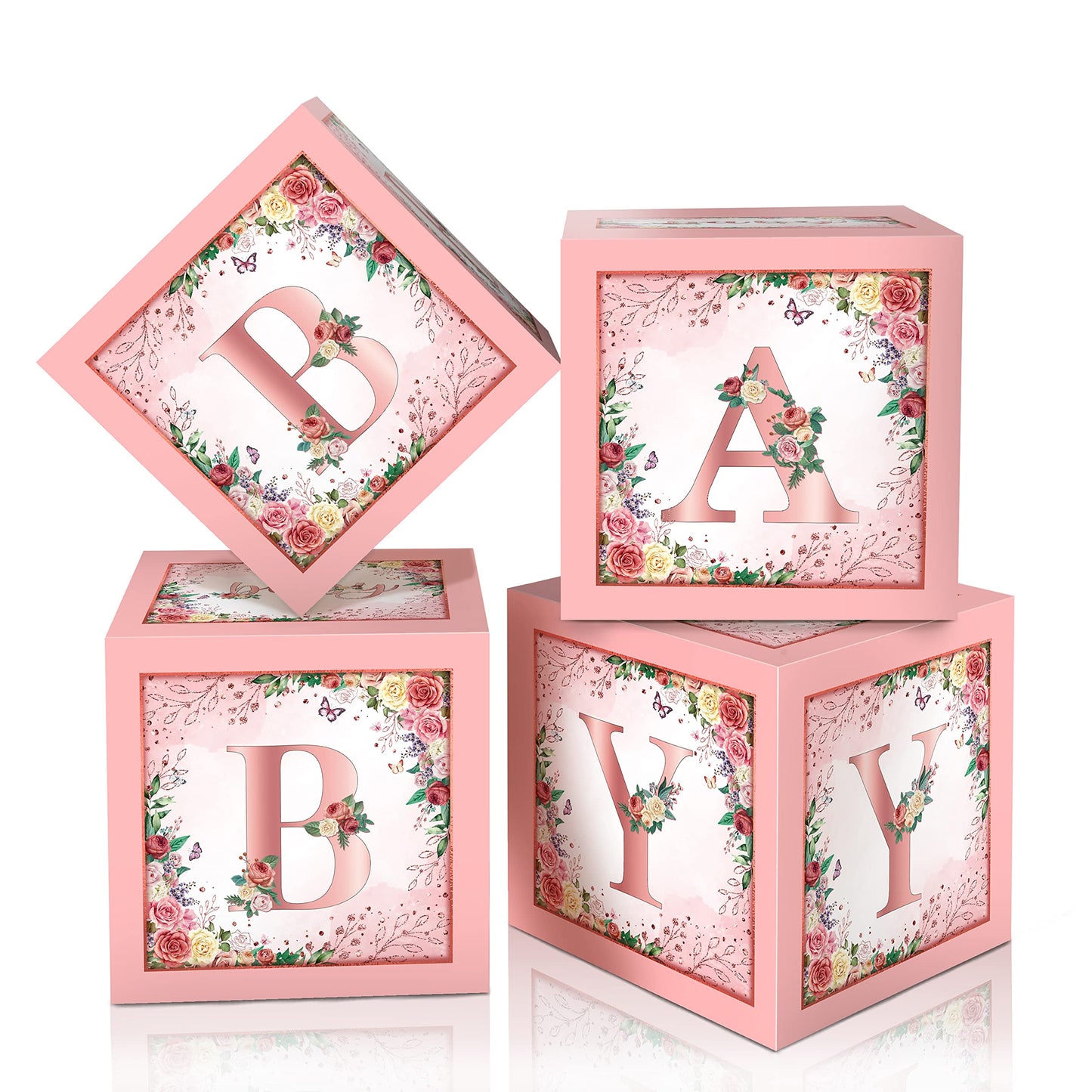 Floral Baby Shower Box Birthday Party Decoration Pink Balloon Blocks First Birthday Centerpiece Decor For Girls Rose Gold Gender