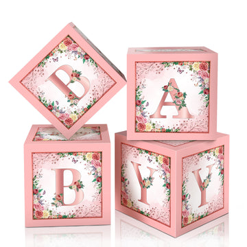 Floral Baby Shower Box Birthday Party Decoration Pink Balloon Blocks First Birthday Centerpiece Decor For Girls Rose Gold Gender