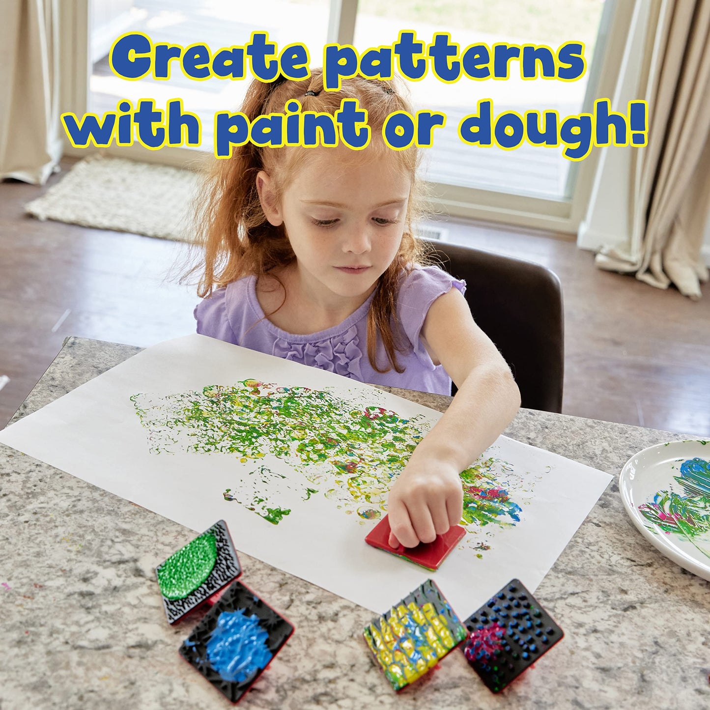READY 2 LEARN Paint Effect Stamps - Set of 6 - Art Tools for Kids - Dots, Squiggly Lines, Stars, Waves, Bubbles, Polka Dots - Pa