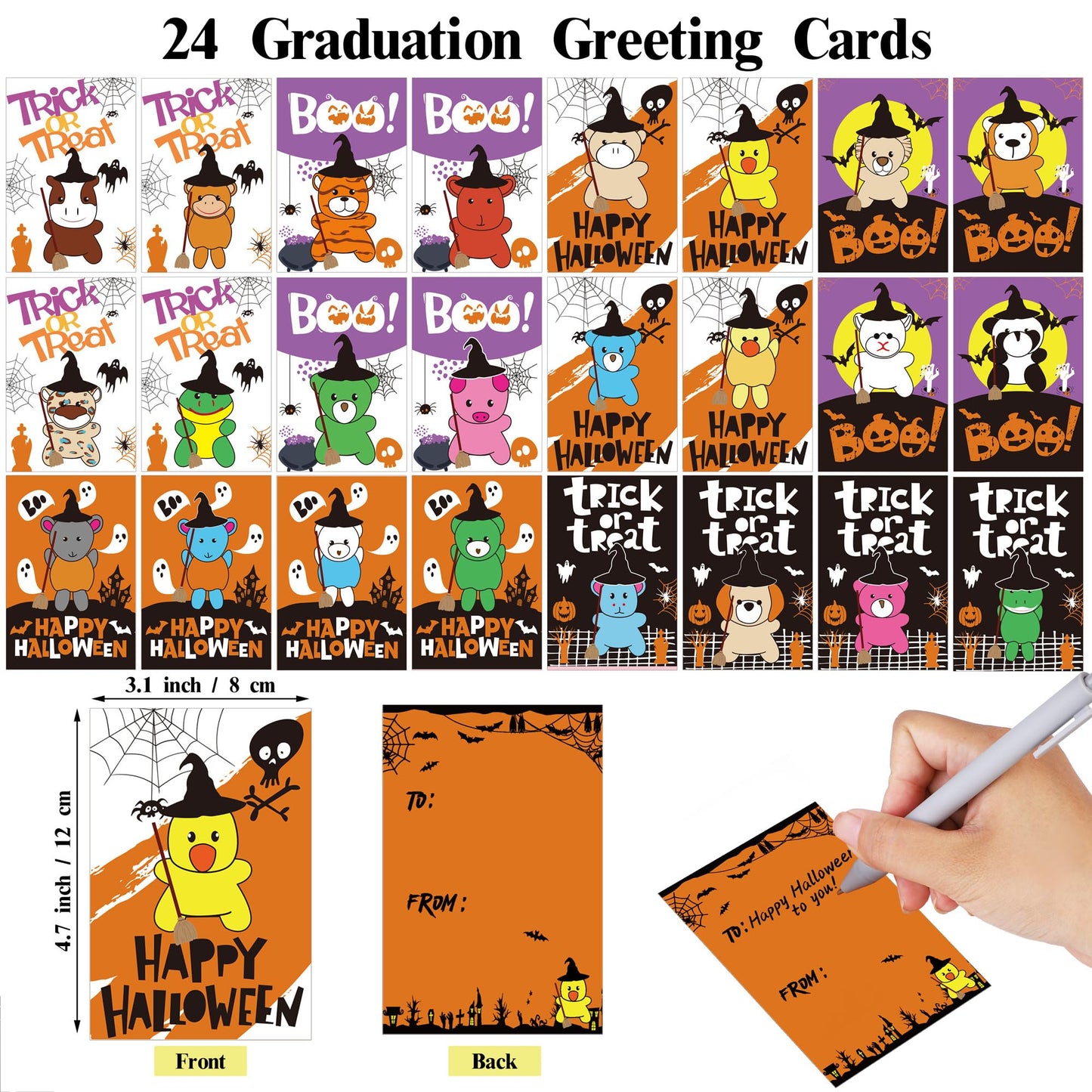 Fovths 24 Pieces Halloween Mini Stuffed Animals Plush Toy With Witch Hat Broom Cards Keychain For Kids Boys Girls Halloween Stuf