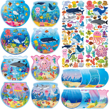 Frienda 48 Set Summer Craft Kit Fishbowl Under The Sea Sticker Crafts Bulk DIY Ocean Sea Animals Scene Stickers Shark Clown Fish