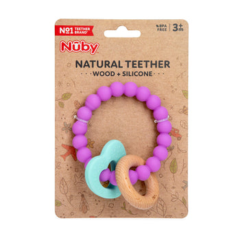 Nuby Natural Wood & Silicone Teether: 3 M+, Heart Bracelet, Pink