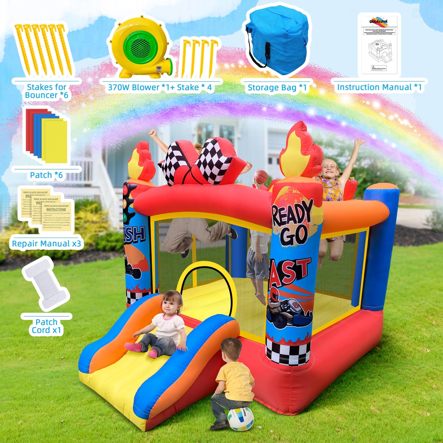 Culaluva Inflatable Bounce House: Bouncy Castle 2-in-1 with Slide for Kids Aged 3-6 - with 370W Blower & Storage Bag - Indoor Ou