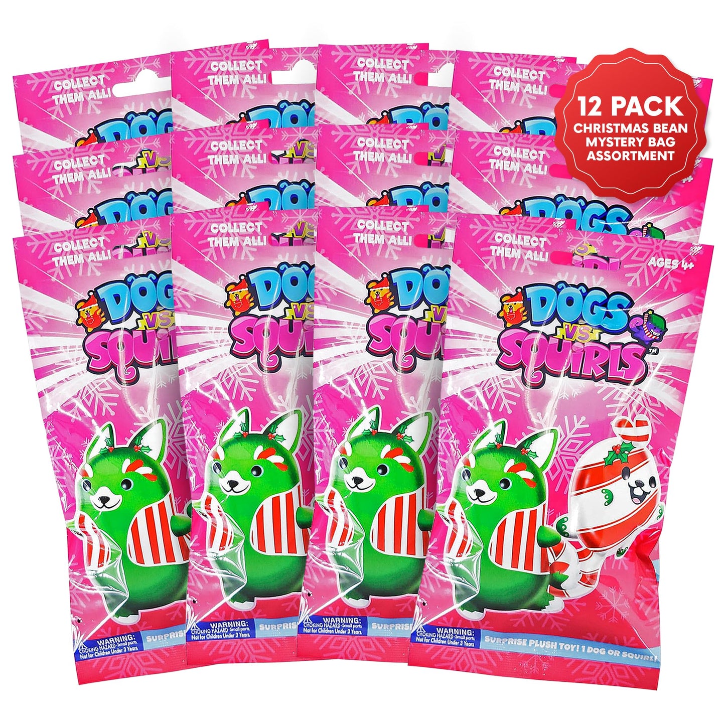Dogs vs Squirls Christmas Mystery 12-Pack | Plush Bean-Filled Toys | Pink | Advent Calendar Surprise Bags